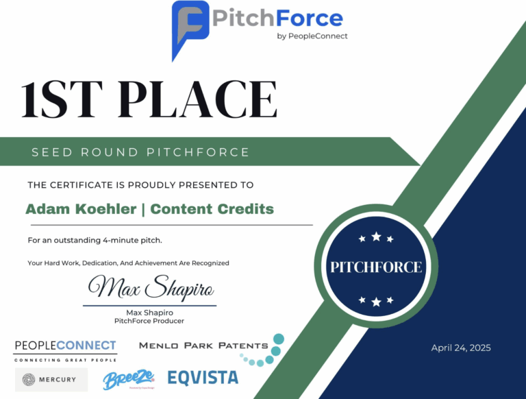 PitchForce 1st Place Certificate for Content Credits