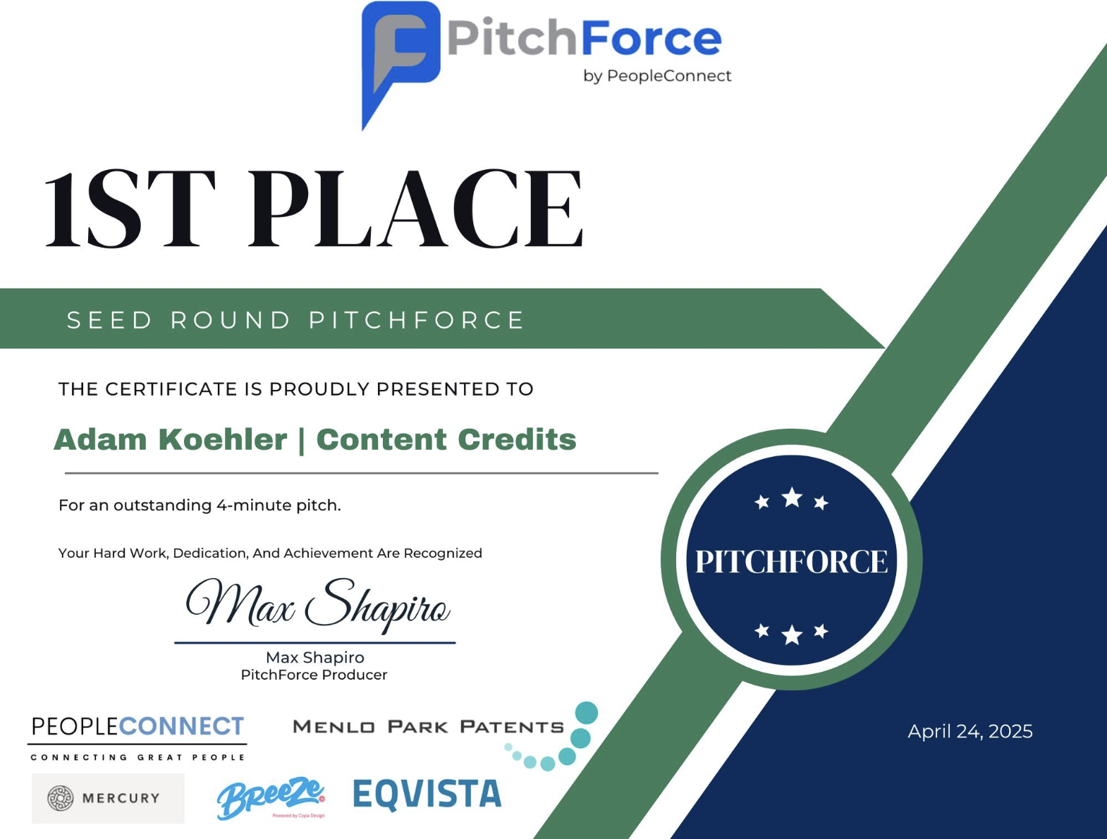 PitchForce 1st Place Certificate for Content Credits