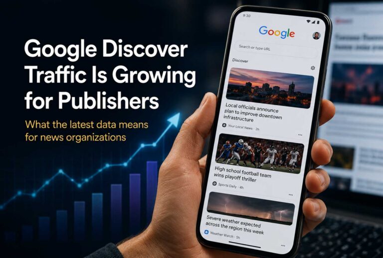 Google Discover traffic growth for publishers displayed on a smartphone screen, highlighting opportunities for news organizations and digital publishers.
